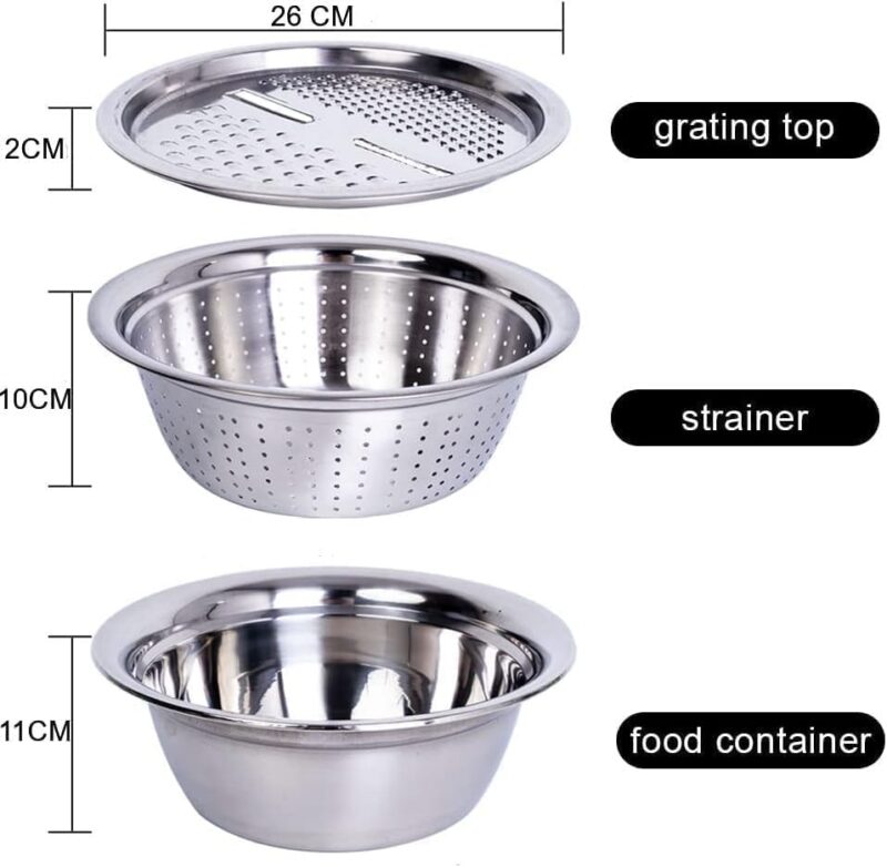 61EKmivxJXL._AC_ أداة مطبخ متعددة الوظائف 3 في 1 من الفولاذ المقاوم للصدأ بلون فضي، تتضمن عجانة ومبشرة ومصفاة