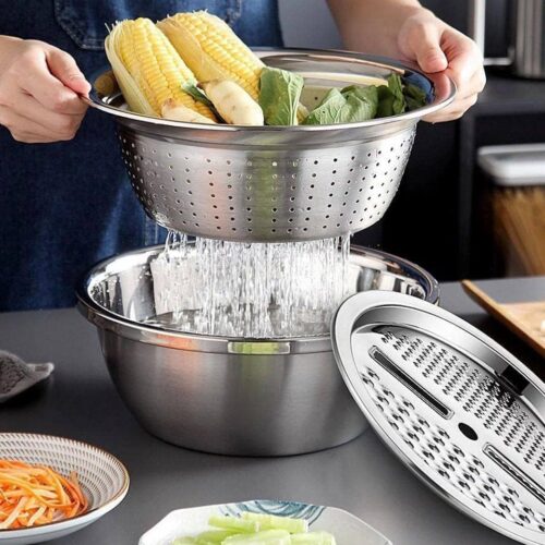 71NOSApJfsL._AC_SL1014_ أداة مطبخ متعددة الوظائف 3 في 1 من الفولاذ المقاوم للصدأ بلون فضي، تتضمن عجانة ومبشرة ومصفاة
