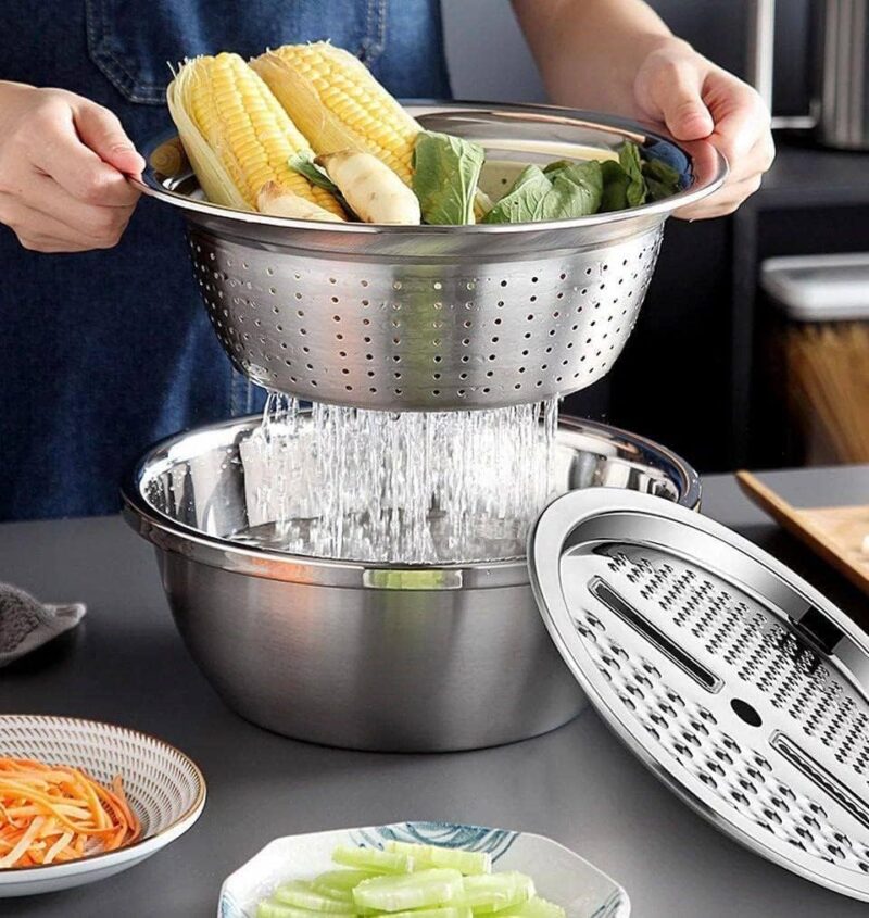 71NOSApJfsL._AC_SL1014_ أداة مطبخ متعددة الوظائف 3 في 1 من الفولاذ المقاوم للصدأ بلون فضي، تتضمن عجانة ومبشرة ومصفاة